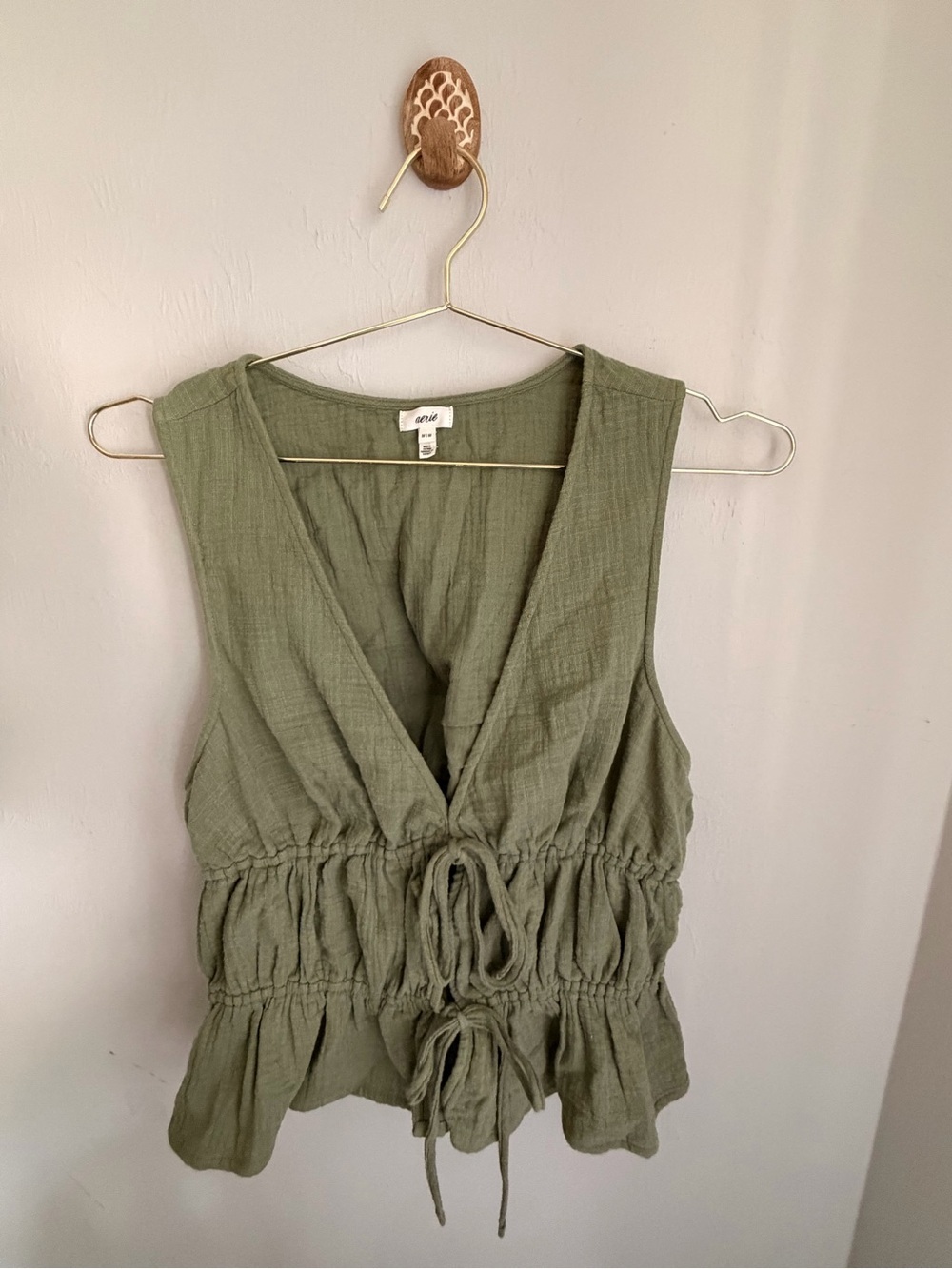aerie Olive Green Sleeveless V-Neck Drawstring Peplum Tank